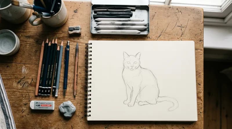 Pensil dan alat untuk membuat sketsa kucing