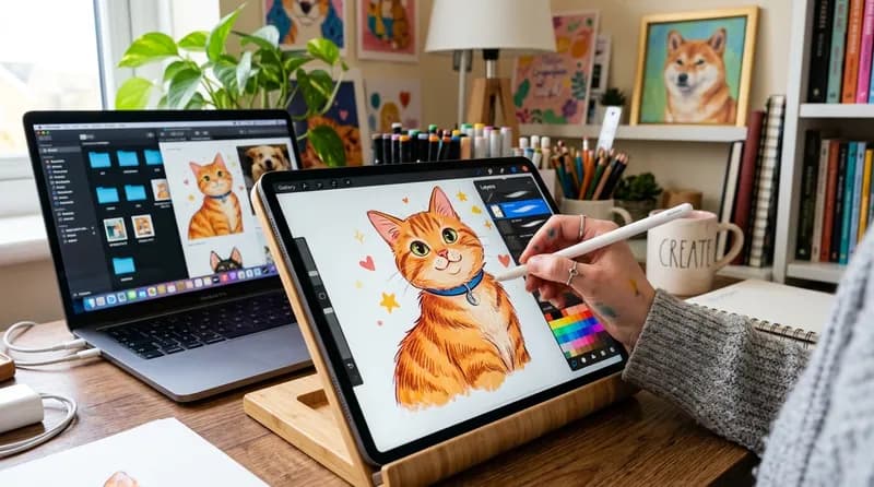 Sketsa kucing digital menggunakan tablet gambar