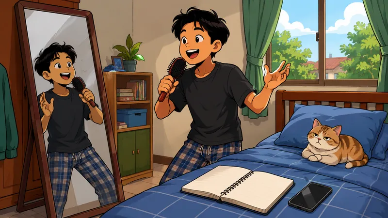 Ilustrasi kartun orang berlatih naskah komedi sendirian di kamar