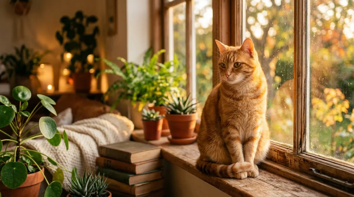 Foto kucing aesthetic duduk di dekat jendela dengan cahaya sore keemasan