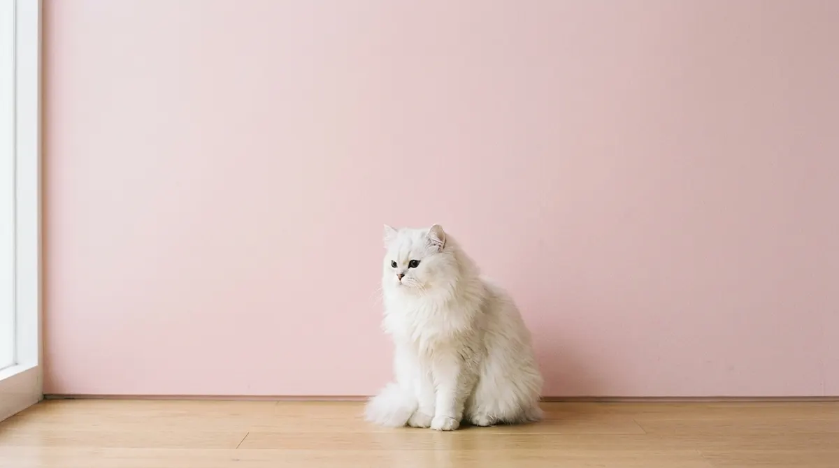 Kucing putih dengan latar dinding pastel tone lembut yang aesthetic