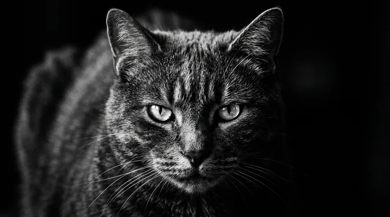 Gambar kucing hitam putih monokrom dengan ekspresi serius dan lucu