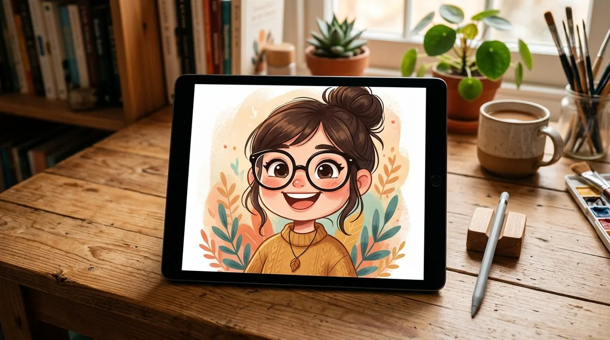 Contoh gambar karikatur digital wajah dengan gaya lucu dan ramah