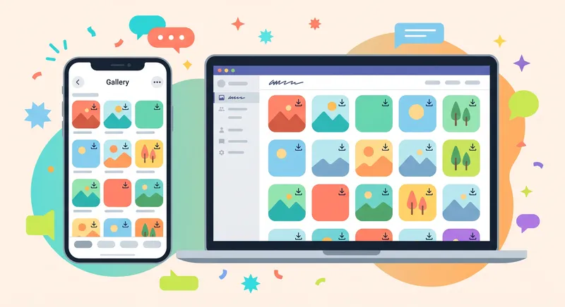 Ilustrasi ponsel dan laptop menampilkan galeri gambar dengan tombol download, dikelilingi elemen dekoratif ceria