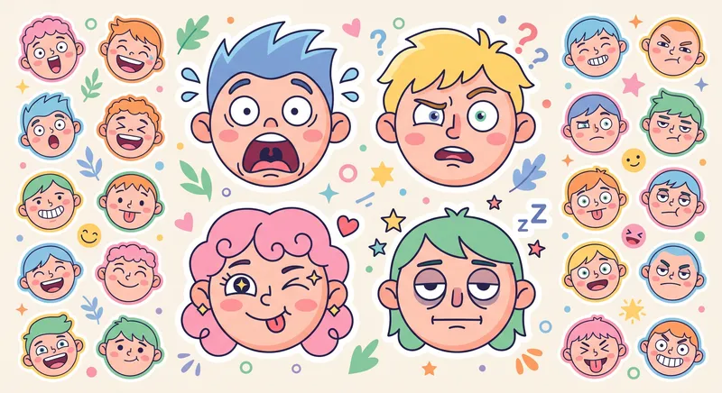 Ilustrasi kartun kumpulan ekspresi wajah kocak dengan berbagai gaya lucu dan warna cerah