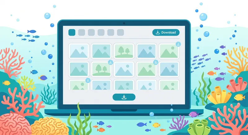 Ilustrasi laptop menampilkan galeri koleksi gambar dengan tombol download, dikelilingi dekorasi bawah laut