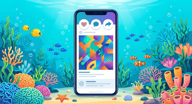 Ilustrasi ponsel menampilkan ikon bagikan di atas bingkai gambar meme berwarna-warni, dikelilingi dekorasi bawah laut