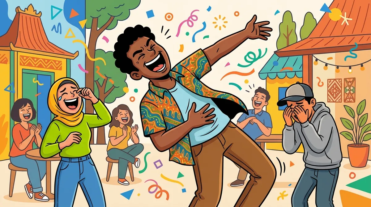 Ilustrasi gambar orang lucu tertawa lepas bersama teman-teman