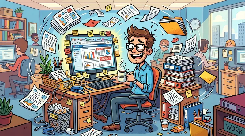 Gambar terlucu suasana kantor, karyawan chaos dengan banyak tab dan kopi