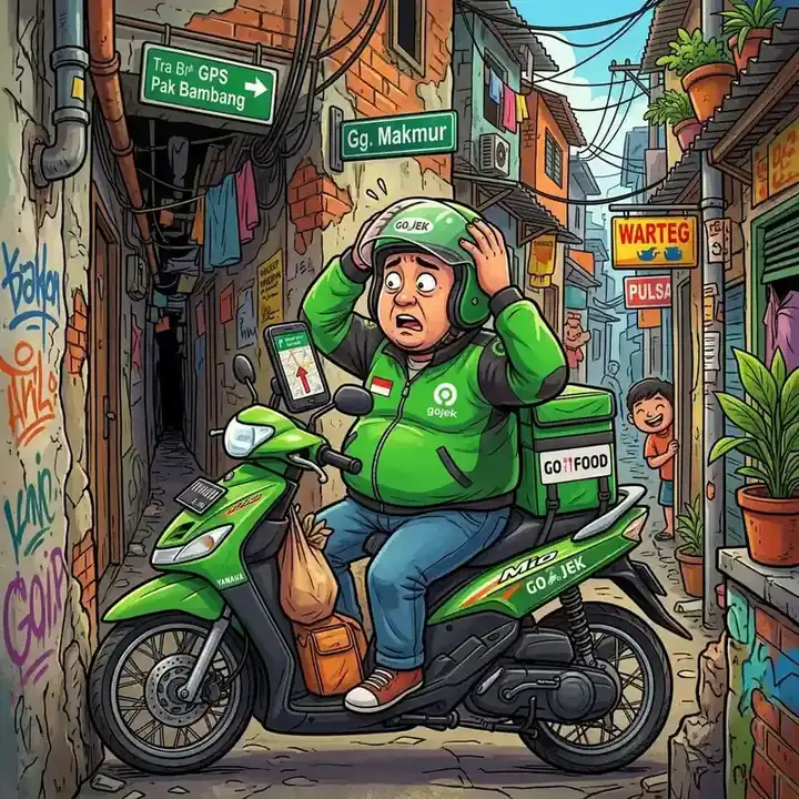Ilustrasi cerita lucu tentang drama ojol dan GPS yang bikin ngakak