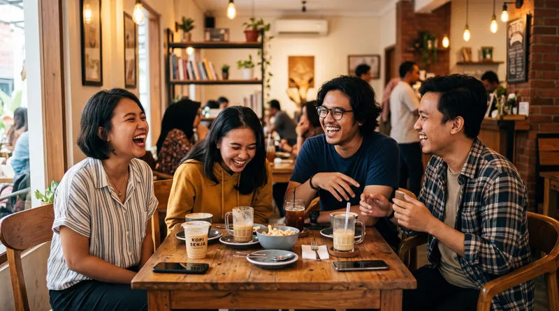 Teman tertawa saat mendengar pantun Betawi lucu