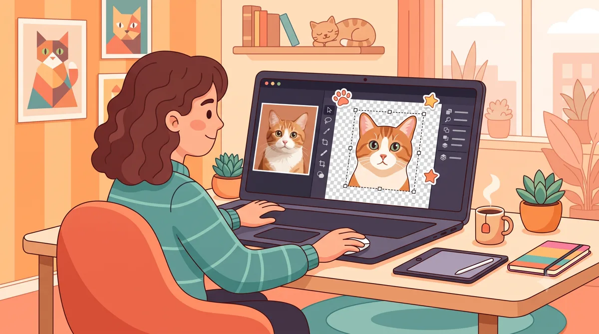 Proses memotong foto kucing menjadi stiker dengan latar transparan