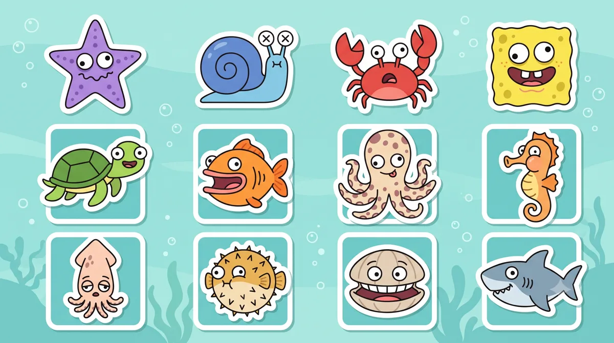 Grid paket stiker bertema bawah laut dengan ekspresi lucu