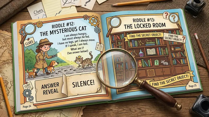 Ilustrasi teka teki lucu dengan kartu pertanyaan dan ekspresi ngakak