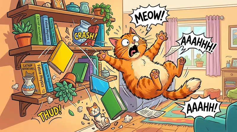 Ilustrasi kartun kucing gagal melompat ke atas meja